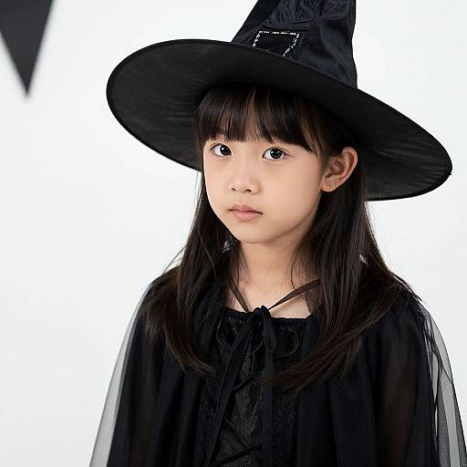 Photograph of an East Asian girl with straight black hair, wearing a black witch hat and black dress, against a white background.