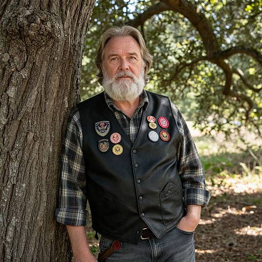 Photograph of a middle-aged white man with gray beard, wearing a black vest with patches, plaid shirt, leaning against a tree in a sun