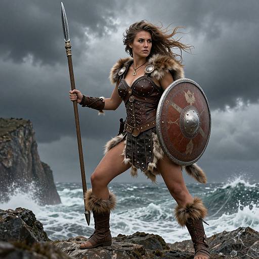 Photograph-style digital artwork of a fierce, muscular woman warrior with brown fur-trimmed armor, spear, and shield, standing on rocky shore against