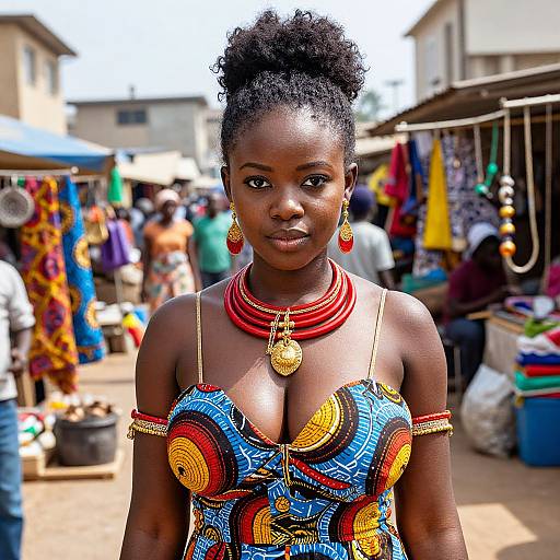 Photograph of a confident African woman with dark skin, curly hair in a bun, wearing a colorful, patterned dress with gold accents, red neck