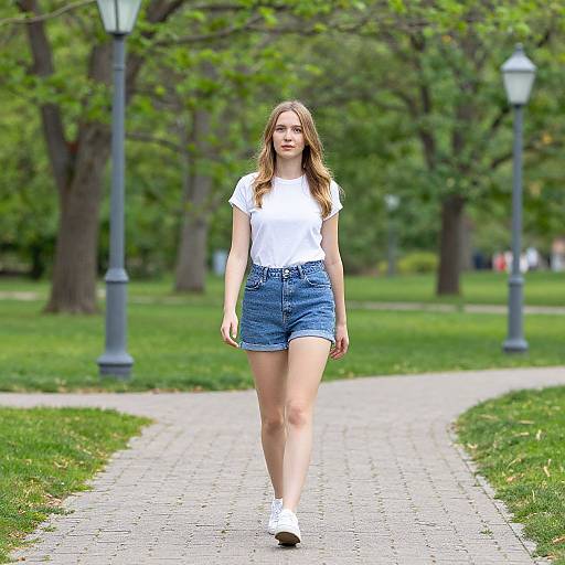 Photograph of a young woman with long blonde hair, wearing a white t-shirt, blue denim shorts, and white sneakers, walking on a paved path