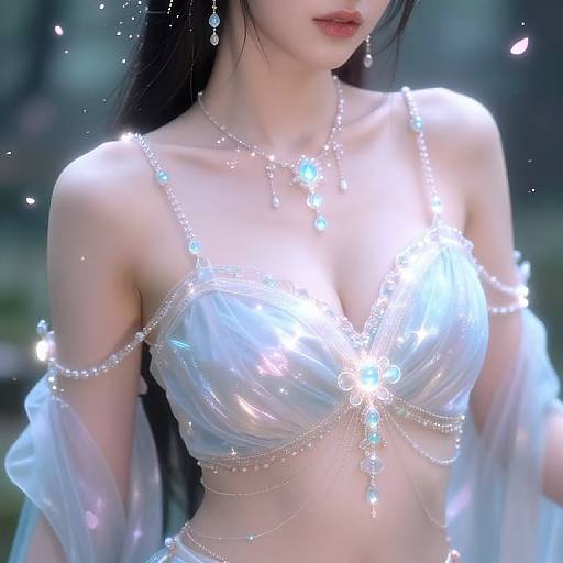 Photograph of an Asian woman with long black hair, wearing a glowing, transparent, silver-sequined bikini top and delicate silver jewelry, set against