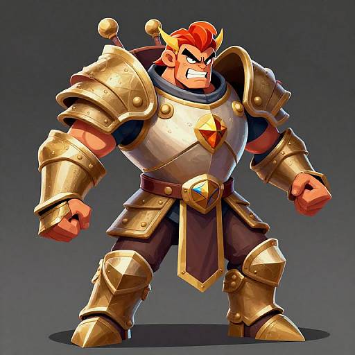 Cartoon-style, muscular, red-haired warrior with yellow horns, golden armor, and a blue gem, stands confidently, fists clenched, against a