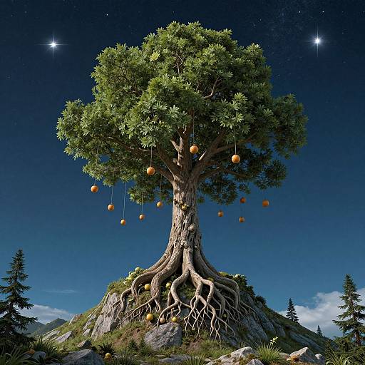Photorealistic CGI image of a fantastical tree with exposed roots, hanging orange fruits, against a starry night sky and rocky hill.