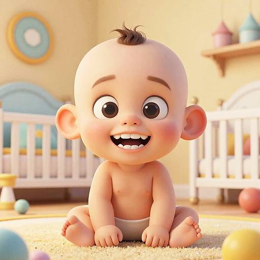 CGI image of a cheerful, chubby baby with a small tuft of hair, sitting on a carpeted floor in a brightly lit nursery.
