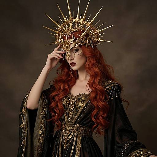 Photograph of a red-haired woman in a black, gold-embellished robe, wearing an elaborate, spiked golden crown, against a dark,