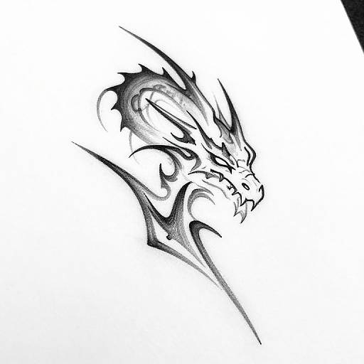 Black and white digital drawing of a fierce, stylized dragon head with intricate, swirling patterns and sharp, angular features.