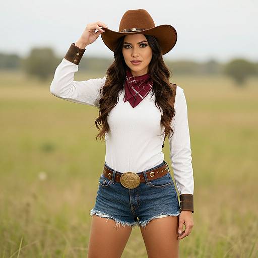 Photograph of a Latina woman in a brown cowboy hat, white long-sleeve shirt, red bandana, and frayed denim shorts, standing