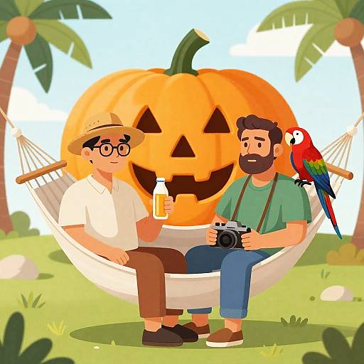Two Men Relaxing on Hammock with Pumpkin and Parrot