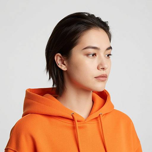 Photograph of a young Asian woman with short black hair, wearing an orange hoodie, gazing to the right against a white background.