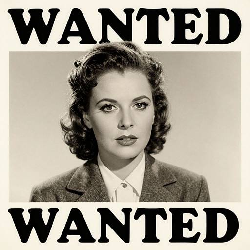 Black-and-white photograph of 1940s-style woman with wavy hair, wearing a suit, with bold 