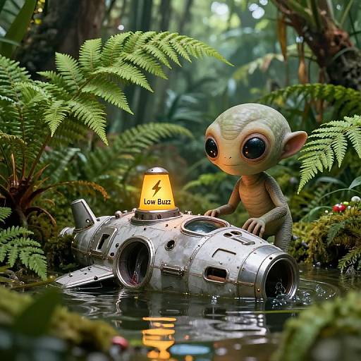 Curious Alien Among Jungle Wreckage