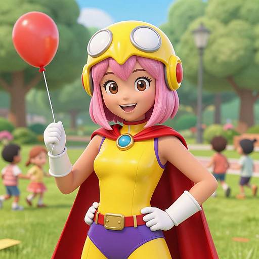 3D CGI of a pink-haired girl with a yellow helmet, red cape, yellow bodysuit, holding a red balloon in a sunny park.