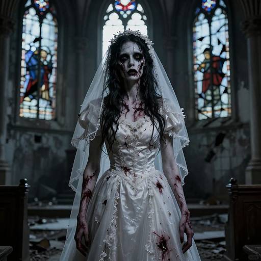 Photograph of a bloody, zombie bride in a tattered white wedding dress with a veil, standing in a dark, Gothic cathedral with stained glass windows