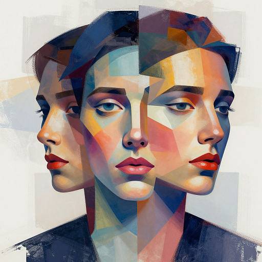 Digital portrait of a woman with three overlapping faces, featuring geometric shapes in vibrant hues of blue, red, and orange.