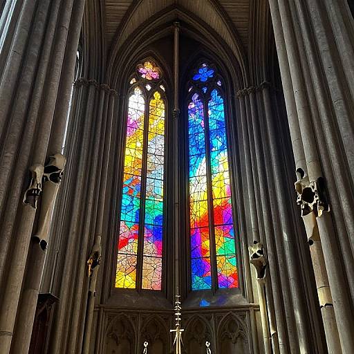 Photograph of a vibrant Gothic cathedral stained glass window, featuring colorful, intricate patterns of red, yellow, blue, and green, set within tall,