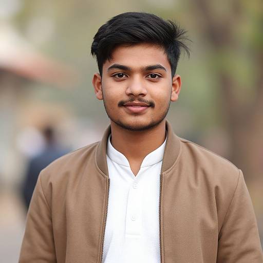 Photograph of a young Indian man with short black hair, mustache, brown jacket, white shirt, standing outdoors with blurred greenery background.