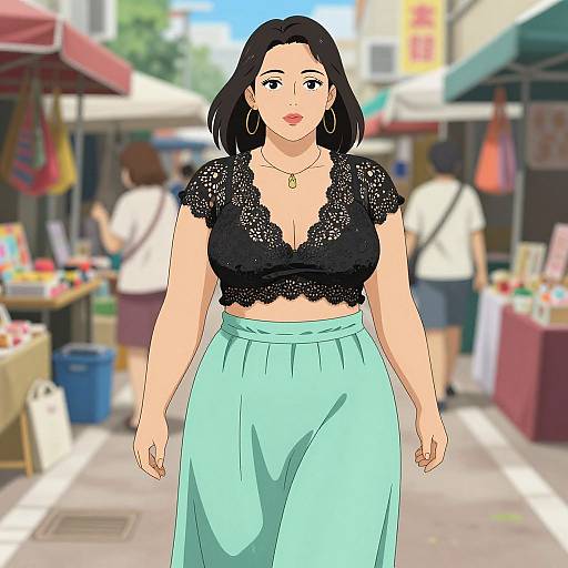 Digital anime-style drawing of a curvy woman with black lace top, teal high-waisted pants, black hair, and hoop earrings, walking through