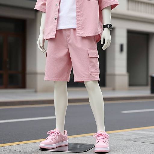 Photograph of a white mannequin wearing pink shorts, jacket, and sneakers, standing on a city street with blurred buildings in the background.