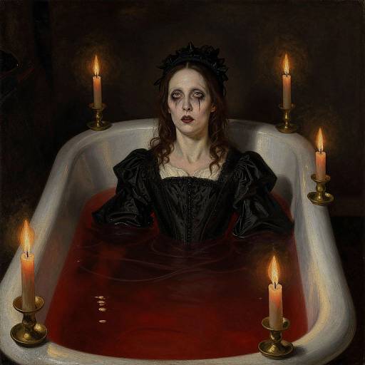 Gothic-style digital painting of a pale woman with dark hair and makeup, wearing a black dress, bathing in a red-filled tub surrounded by six