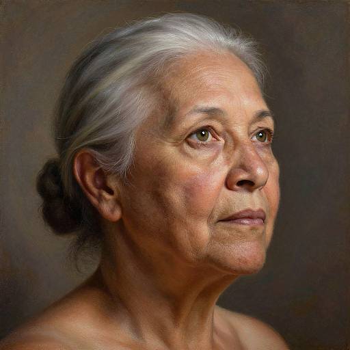 Photograph of an elderly woman with silver hair, wrinkled skin, brown eyes, and a serene expression, against a dark, textured background.