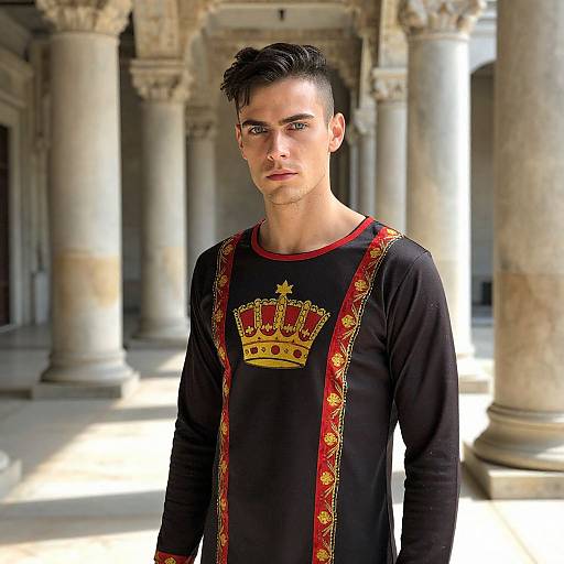 Photograph of a young man with short, dark hair, blue eyes, wearing a black long-sleeve shirt with a gold crown and red trim