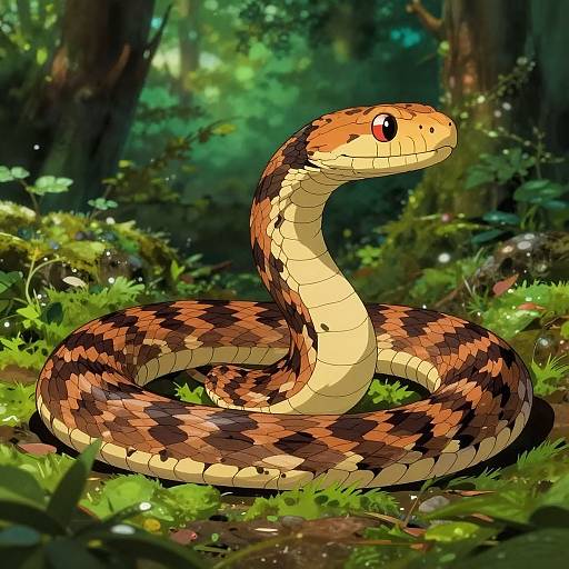 Digital illustration of a vibrant, orange-and-black striped snake coiled in a sunlit forest, with lush greenery and dappled light.