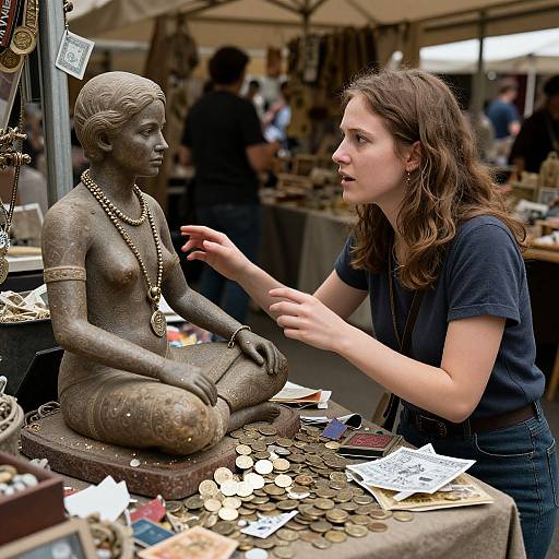 Photograph of a fair-skinned woman with brown hair, wearing a navy top, examining a bronze, seated, nude statue adorned with jewelry, at