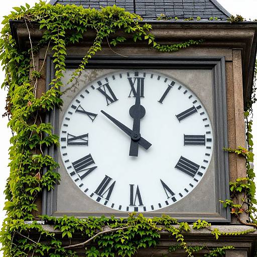 Photograph of a vintage clock with black Roman numerals, white face, and black hands, surrounded by green ivy climbing a gray stone building with