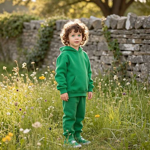 Child in Green Hoodie Standing in Wildflower Meadow