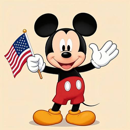 Cartoon image of Mickey Mouse holding an American flag, smiling, waving, wearing red shorts, yellow shoes, black outfit, white gloves, against a