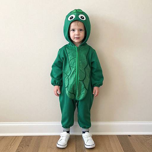 Photograph of a young boy in a green frog costume with hood, white sneakers, standing against a plain white wall and wooden floor.