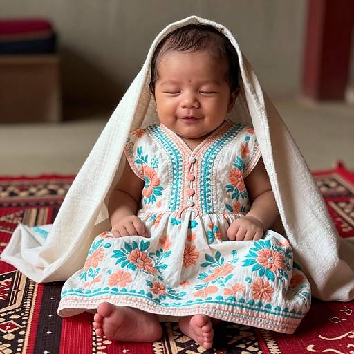 Photograph of sleeping baby with closed eyes, wearing white floral dress and headscarf, sitting on red patterned rug, indoors.