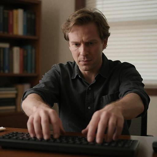 Focused Man at Keyboard in Warm Light