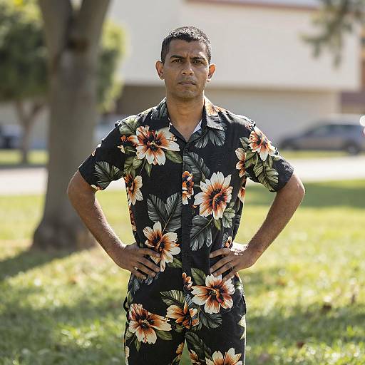 Man in Floral Shirt Standing Outdoors