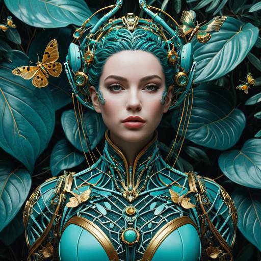 Biomechanical Cyborg Woman with Turquoise and Gold Details Biomechanical Cyborg Woman with Turquoise and Gold Details
