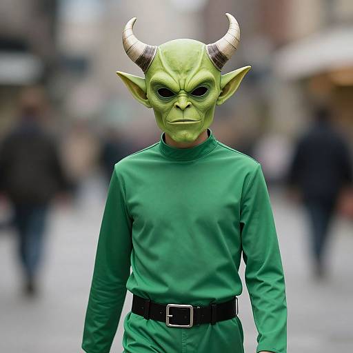 Photograph of a person in a green elf costume with large horns, pointed ears, and a serious expression, standing in a blurred urban street.