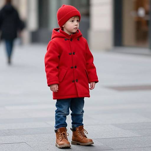 Photograph of a young boy in a bright red coat, matching hat, blue jeans, and brown boots, standing on a city sidewalk with a blurred