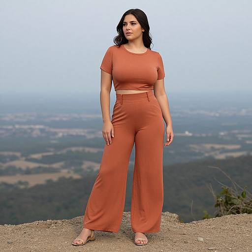 Photograph of a curvy woman with medium skin tone, black wavy hair, wearing an orange crop top and high-waisted pants, standing