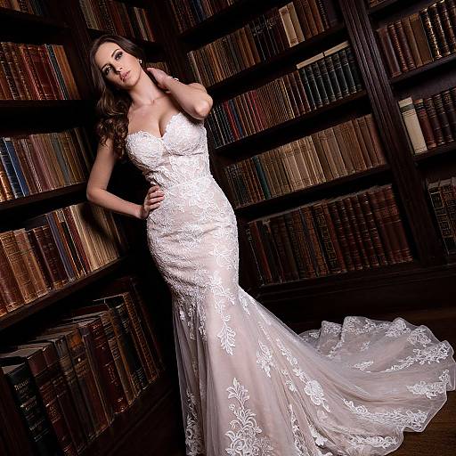 Photograph of a slender woman with long brown hair, wearing a white lace mermaid-style wedding dress, standing in a dimly lit library with dark