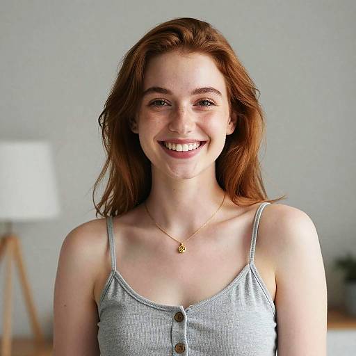 Photograph of a smiling young woman with fair skin, red hair, wearing a light gray, button-up tank top and gold necklace. Background includes a