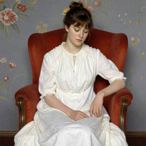 Photograph of a fair-skinned woman with dark hair in an updo, wearing a white, Victorian-style dress, sitting in a red velvet arm