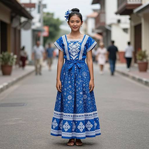 Photograph of an Asian woman in a vibrant blue, white-patterned traditional dress with a blue flower hairpin, standing on a blurred street with pedestrians