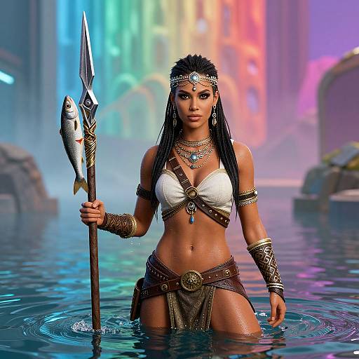 Digital art of a dark-skinned warrior woman with black braids, white top, and gold jewelry, holding a spear with a fish, standing in