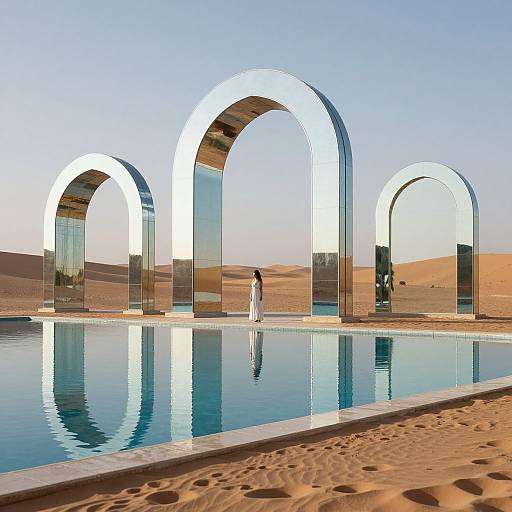Photograph of a modern glass arch pool in a desert, reflecting clear blue water and sandy dunes, with a single person in white standing centrally.