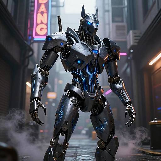 Cyberpunk-style CGI of a glowing blue and black robotic warrior standing in a misty, neon-lit urban alleyway.