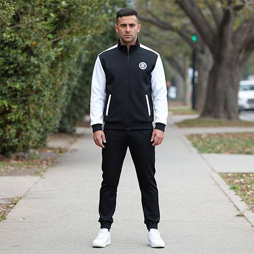 Photograph of a serious-looking man with short black hair, wearing a black and white track jacket, black pants, and white sneakers, standing on a