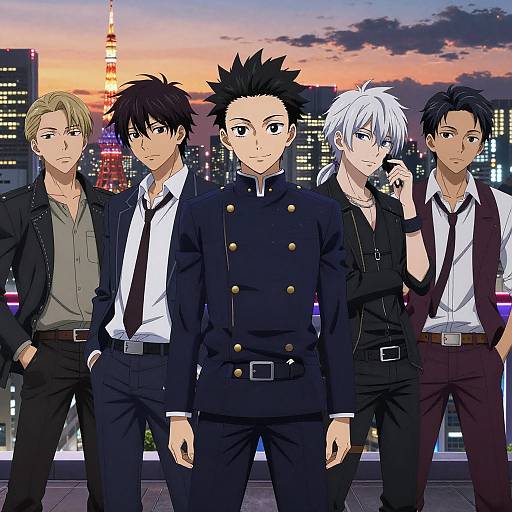 Digital anime illustration of five stylish, black and white-clad men with varying hair colors standing against a sunset city skyline.