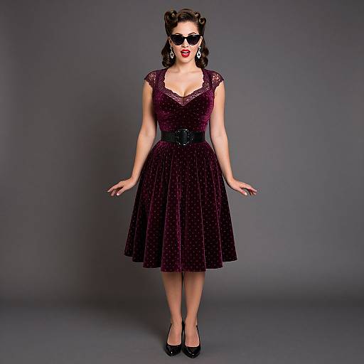 Photograph of a woman with dark hair in vintage curls, wearing a black lace, deep V-neck, knee-length dress, black belt, black high