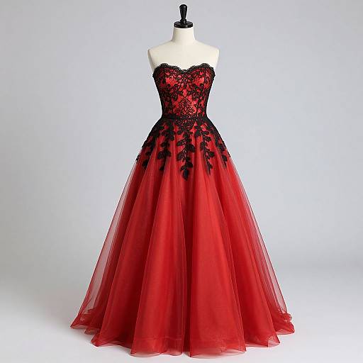 Elegant Red Tulle and Black Lace Gown